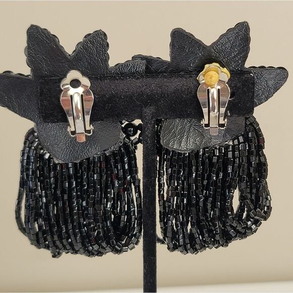 Vintage Earrings Handmade Black Floral Beaded Sequin Gatsby Earrings #452 - Picture 6 of 9